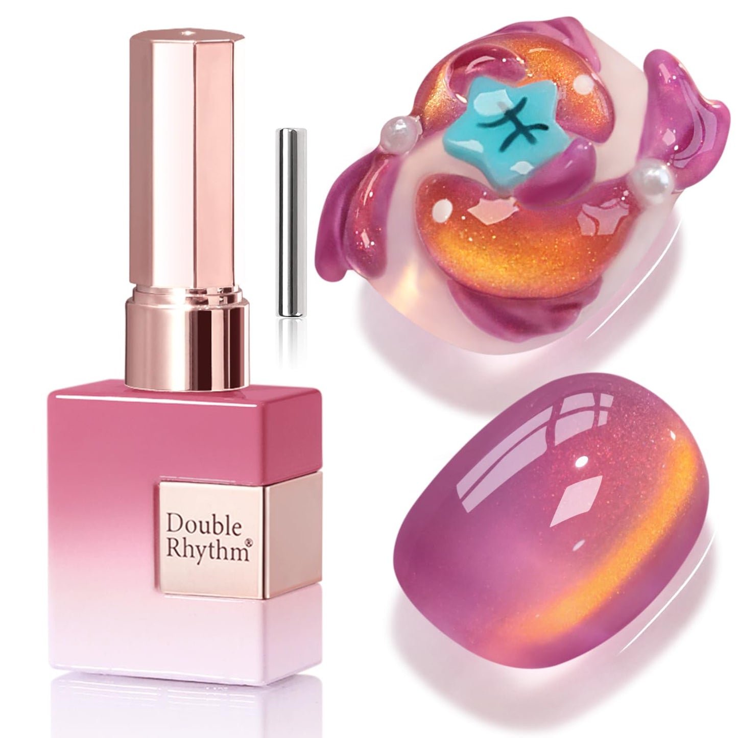 Double Rhythm 0.5 OZ Cat Eye Gel Polish with Magnet 15ML Holographic Glitter Shimmer Translucent Jelly Color Magnetic Nail Polish Salon DIY at Home (Sunny Rose-MC1251)