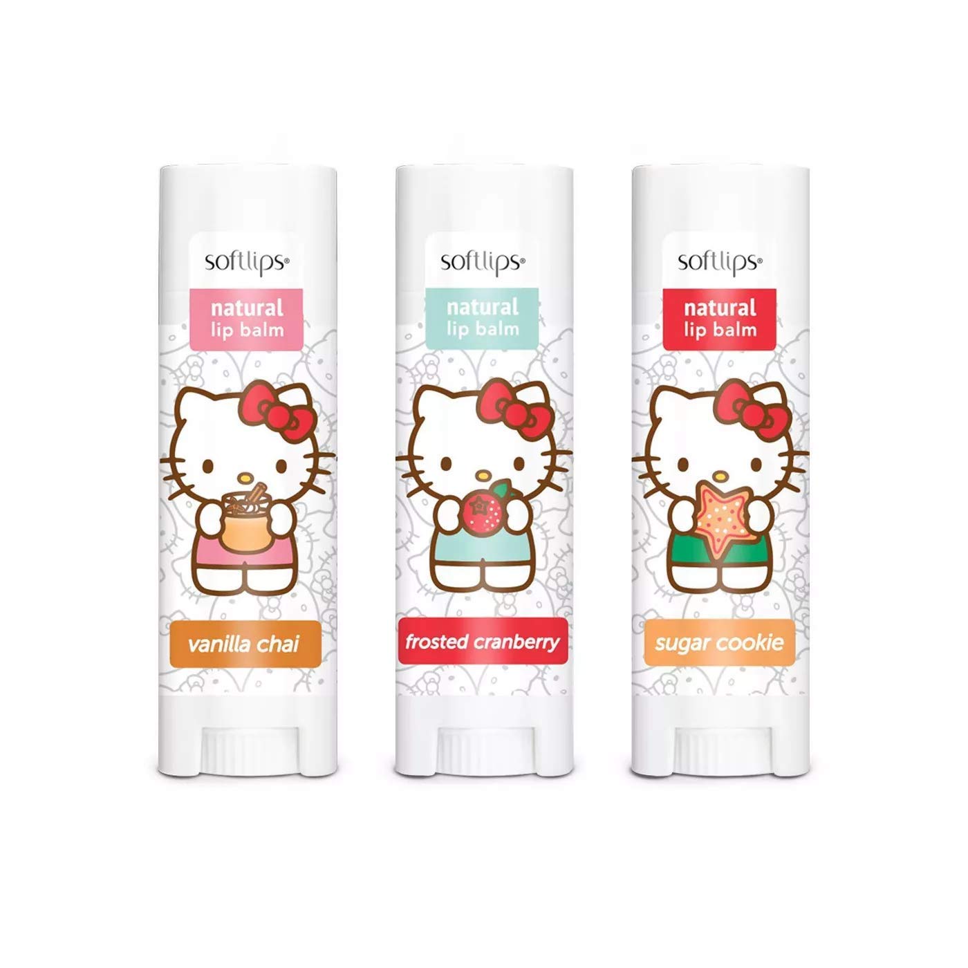 Hello Kitty Limited Edition Softlips Ornament Natural Lip Balm 3-Pack Vanilla Chai, Frosted Cranberry, Sugar Cookie, Holidays 2020