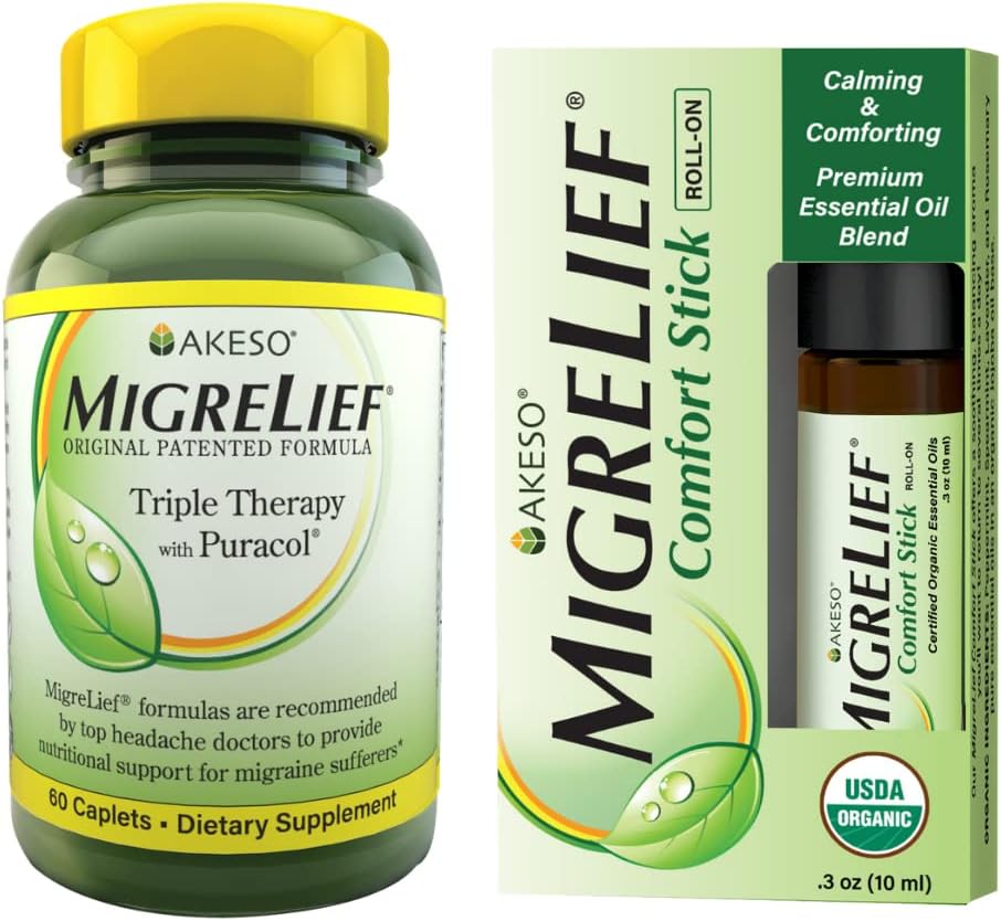 MigreLief Nutritional Support & Comfort Kit for Migraine Sufferers - MigreLief Original Daily Triple Therapy Formula, Plus MigreLief Comfort Stick Essential Oils Roll-On (10ml) - 1 Month Supply.
