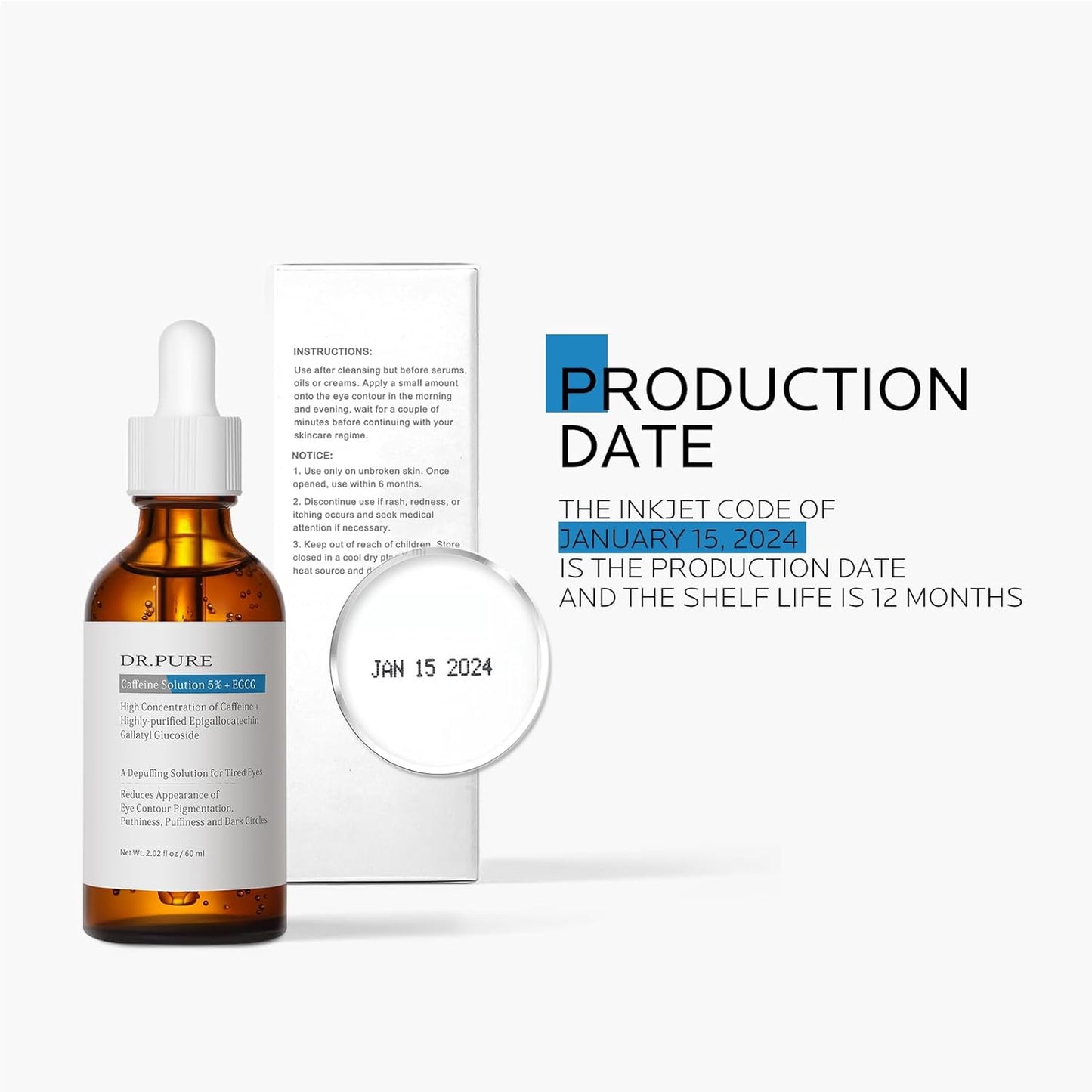 Dr. Pure Caffeine Solution 5% EGCG: Eye Contour Serum for Reduce Puffiness - Dark Circles Depuffing Solution for Tired Eyes Hydrating and Smoothing Formula with Hyaluronic Acid 2 Fl Oz