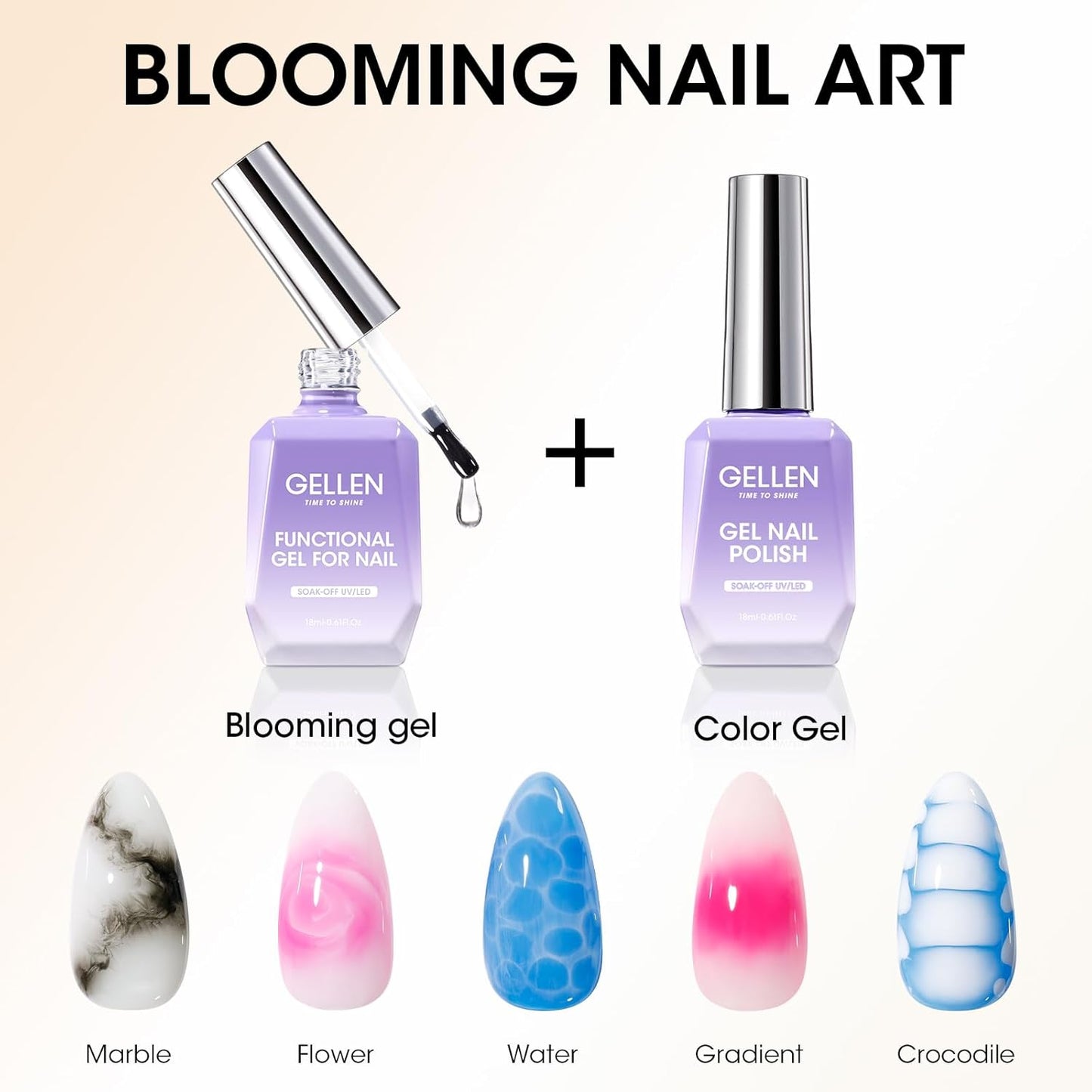 GELLEN Blooming Gel Nail Polish, 2 Pack 18ML Clear Nail Blooming Gel Spreads Marble Floral Watercolor Nail Art Effect For Nails, Long Lasting No Wipe Soak Off UV Gel Polish for DIY Manicure Design