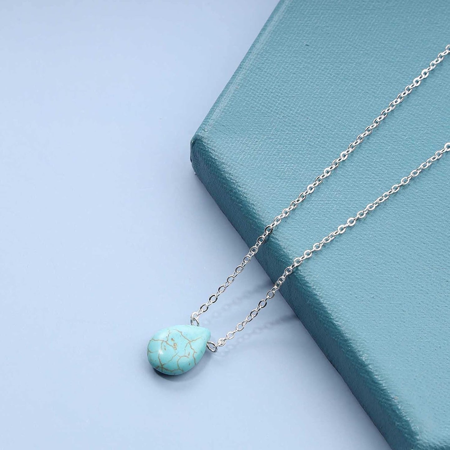 Boho Long Turquoise Necklace Silver Teardrop Turquoise Necklace Blue Turquoise Pendant Necklace Vintage Long Pendant Chain Necklaces Jewelry for Women and Girls