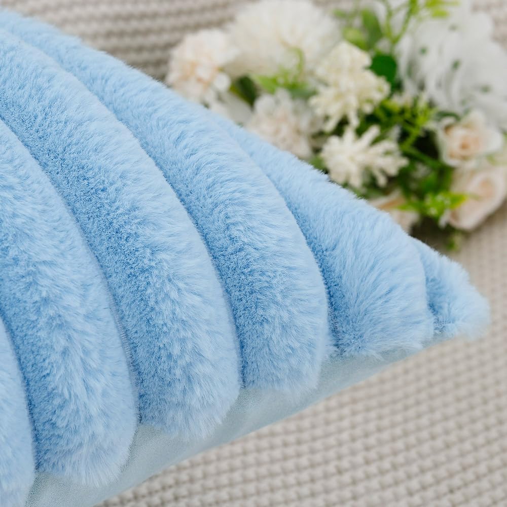 MADIZZ Set of 2 Faux Wool Plush Decorative Throw Pillow Covers 12x20 Inch Light Blue Fluffy Striped Soft Decorative Cushion Cover for Sofa Bedroom Pillow Shell