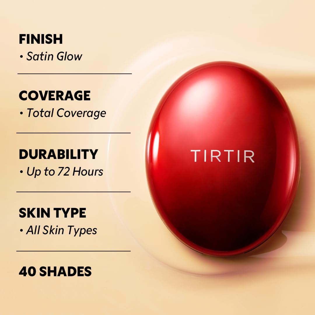 TIRTIR Mask Fit Red Cushion Foundation | Full coverage, Weightless, Skin fit, Satin Glow Finish, Korean Makeup BB Foundation, beauty, Tattoo cover up, Buildable (#22C Peach Beige, 0.63 Fl Oz)