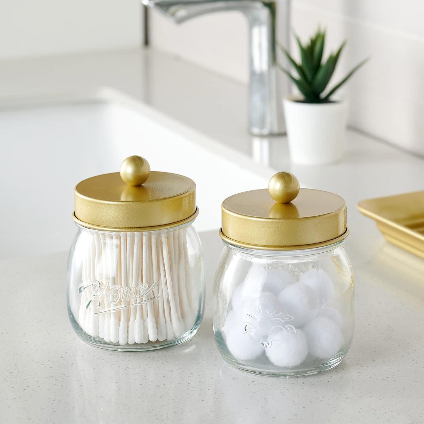 SheeChung 2 Pack Qtip Holder for Bathroom, Cotton Swab Holders, Cute Mason Jars Decor, Bathroom Decor and Accessories for Cotton Round Pads, Balls, Floss Pick - Brushed Gold