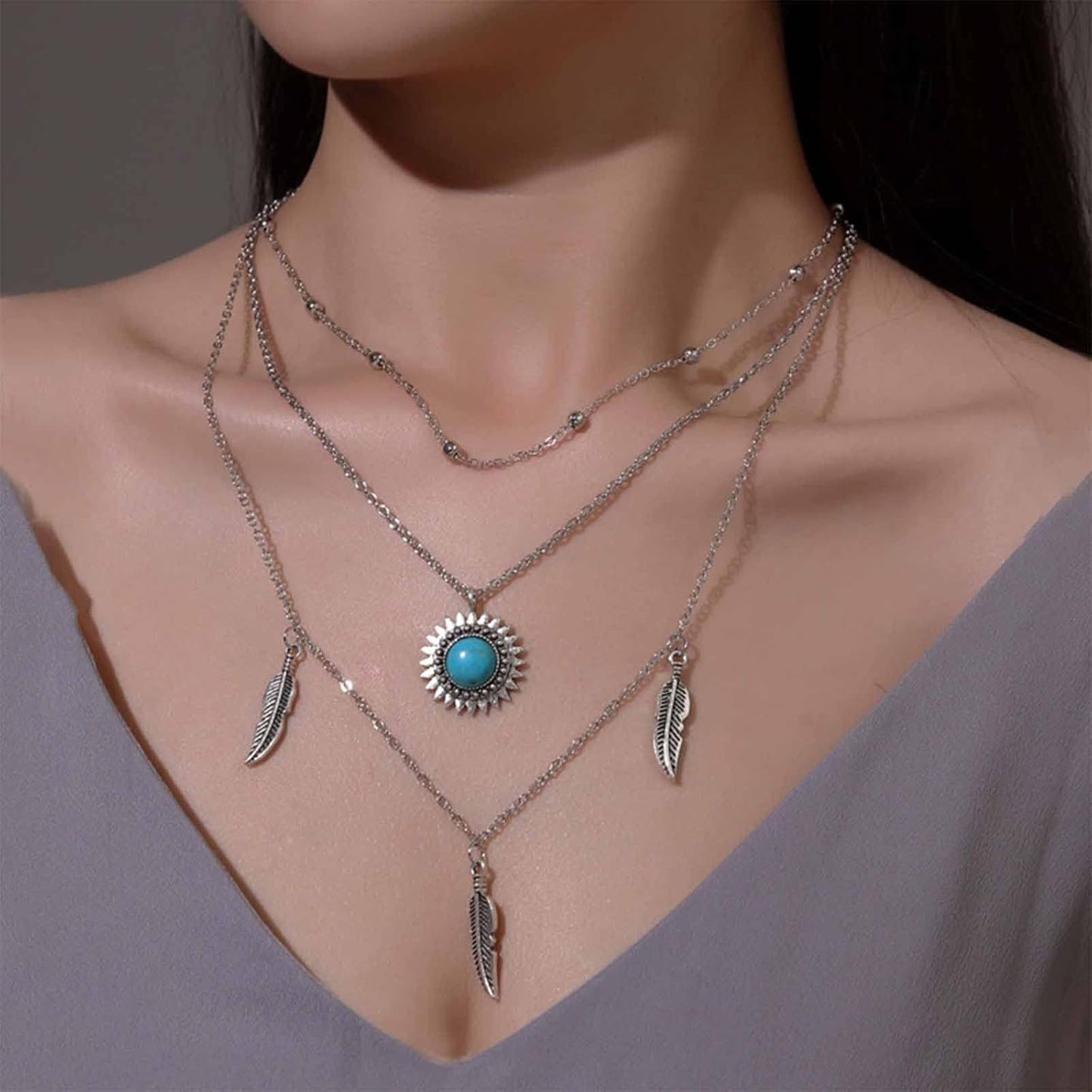 Boho Layered Feather Choker Necklace Turquoise Pendant Necklace Chain Vintage Crystal Paved Sun Necklace Silver Sunflower Necklace Jewelry for Women and Girls
