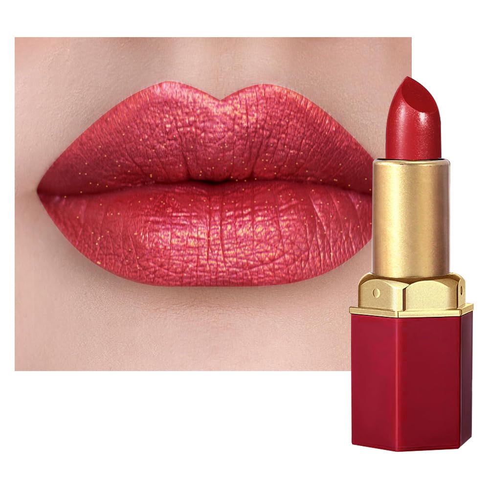 Red Metallic Lipstick for Women,Lightweight Shimmer Frosted Lipstick,Glitter Lip Gloss Stain Long Lasting Waterproof Smudge Proof 24 Hour Full Coverage Lip Makeup,Vegan
