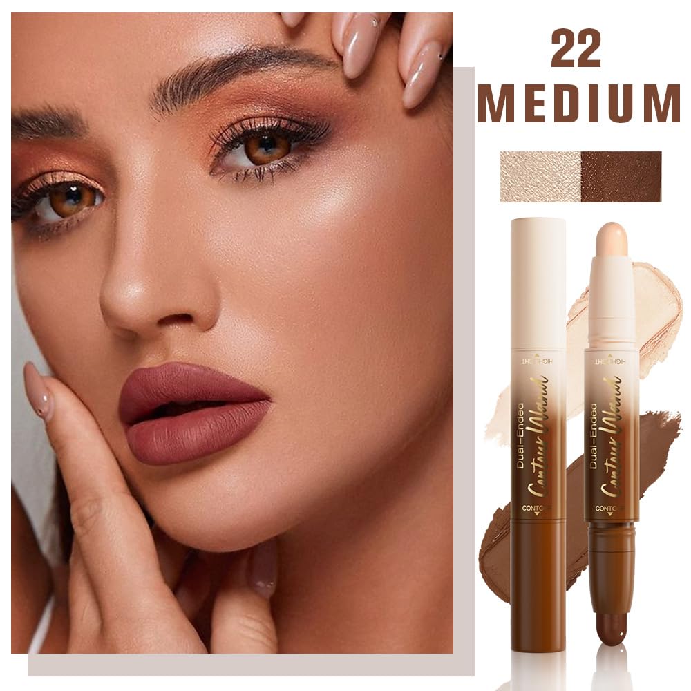 2Pcs 2in1 Cream Contour Highlighter Stick, Dual-Ended Highlighter Makeup Contour Stick, Contour Stick Dual Ended For Face Body Makeup,Long Lasting Waterproof for All Skin Tones (02+04)