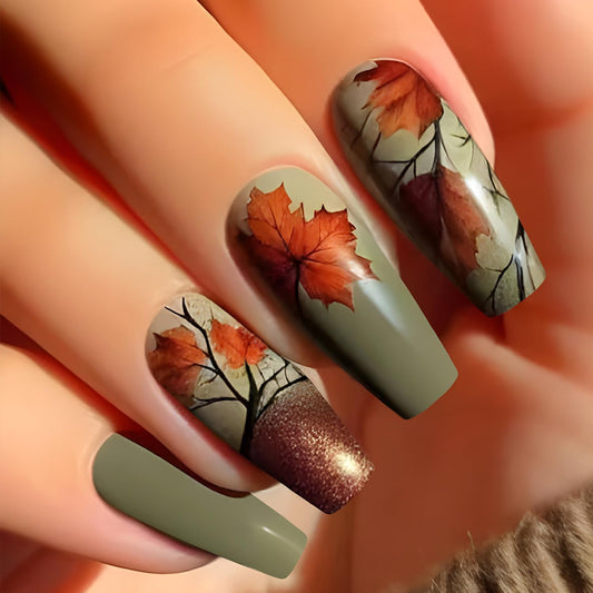 Vintage Thanksgiving Press on Nails Fall Maple Leaf Long Coffin Nails Autumn Maple Leaves Fake Nail Glossy Acrylic Glue on Nail for Women DIY Manicure