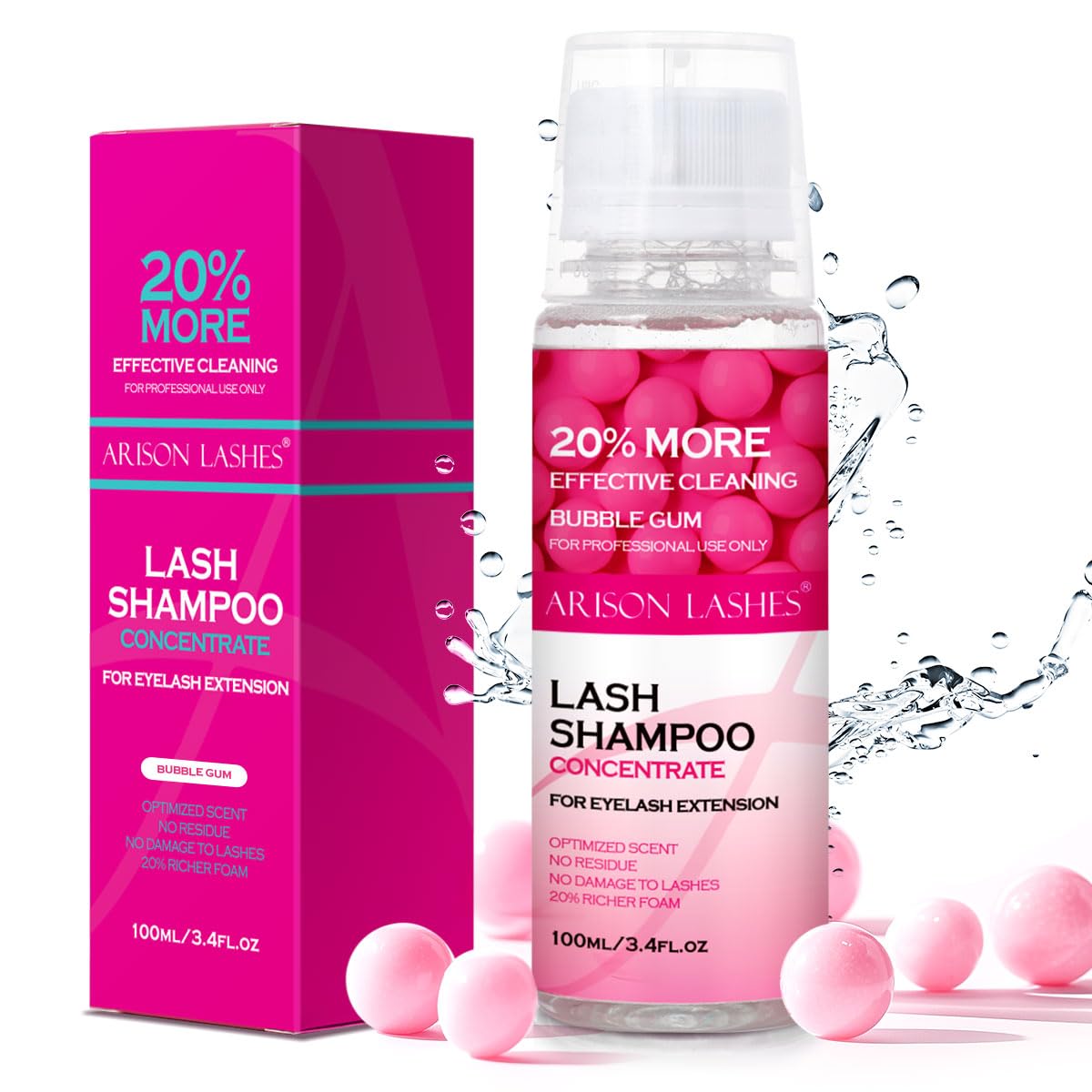ARISON LASHES Lash Shampoo Concentrate for Lash Extensions 100ML Eyelash Cleanser Concentrate Oil-Free Eyelash Extension Shampoo with Salon Home Care(Bubble gum)