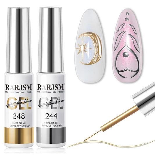 RARJSM Metallic Gel Liner Nail Art Silver Bronze Gold 2pcs Set Mirror Chrome 3D Effect Gel Nail Polish 8ml Build in Thin Brush Metal Painted Drawing Stripper Gelpolish Curing Requires for Home Salon