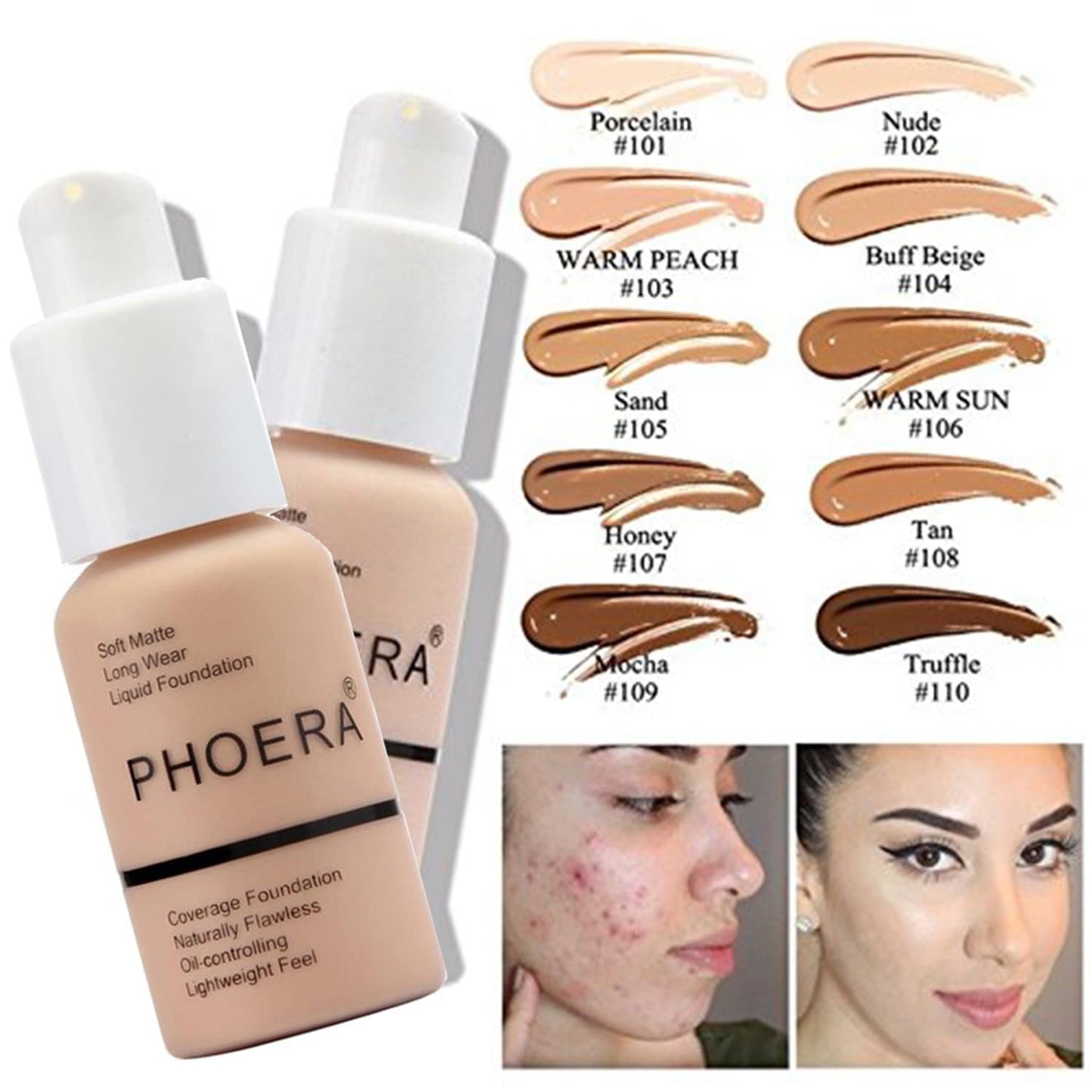 PHOERA Foundation Full Coverage Makeup, Mushroom Head Air Cushion CC Cream Natural Foundation Set,PHOERA Concealer, PHOERA Primer, PHOERA Powder, Foundation Brushes (105 Sand+ 05 Sand CC)