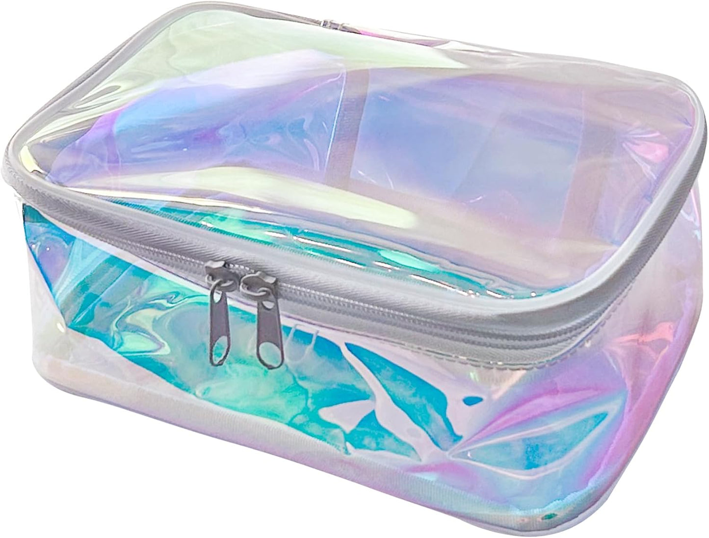Holographic Makeup Bags Bulk,Clear Storage Bag Toiletry Pocket Portable Zippered Iridescent Pouch Waterproof Cosmetic Gift Bags for Women (Holographic Pink(White Frame))