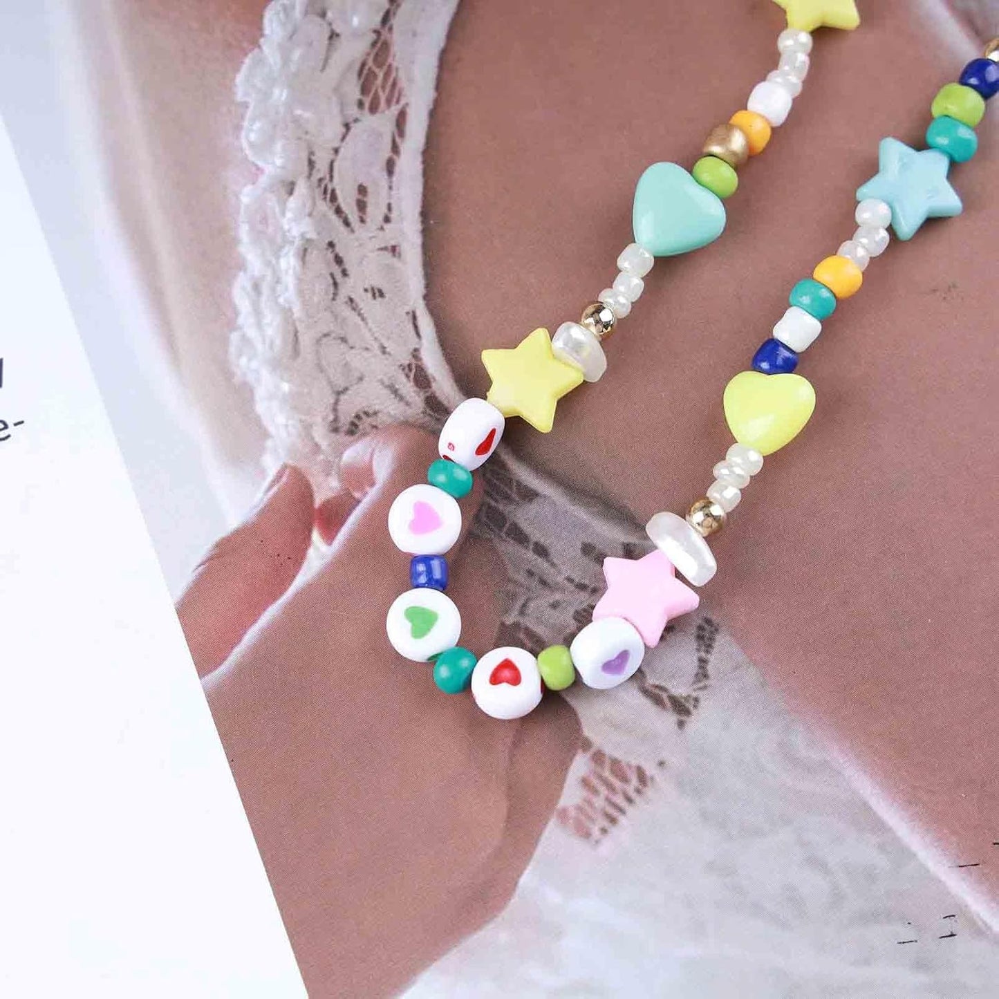 Vintage Seed Bead Choker Necklace Pearl Choker Necklace Colorful Star Heart Necklace Cute Rainbow Necklace Chain Jewelry for Women