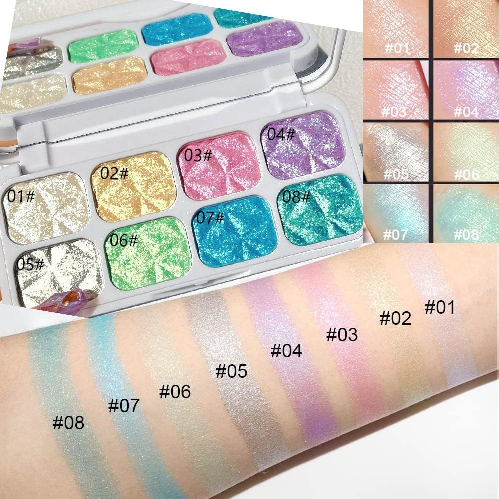 8-Color Highlighter & Contour Palette - Shimmer, Glitter, Iridescent Multichrome Holographic Eyeshadow for Face & Cheek, Purple Rainbow Highlight Makeup
