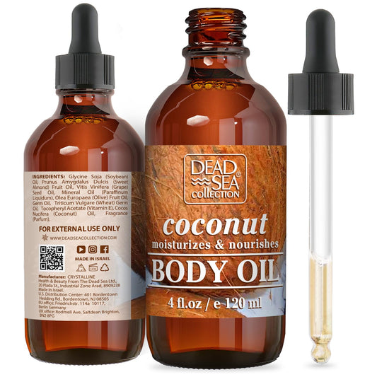 Dead Sea Collection Body Oil with Coconut - Dry Skin Moisturizer and Hydrating Massage Oil - Nourishing Bath - Increase Skin Elasticity and Provide Anti-Aging Support for Face and Body (4 fl.oz)