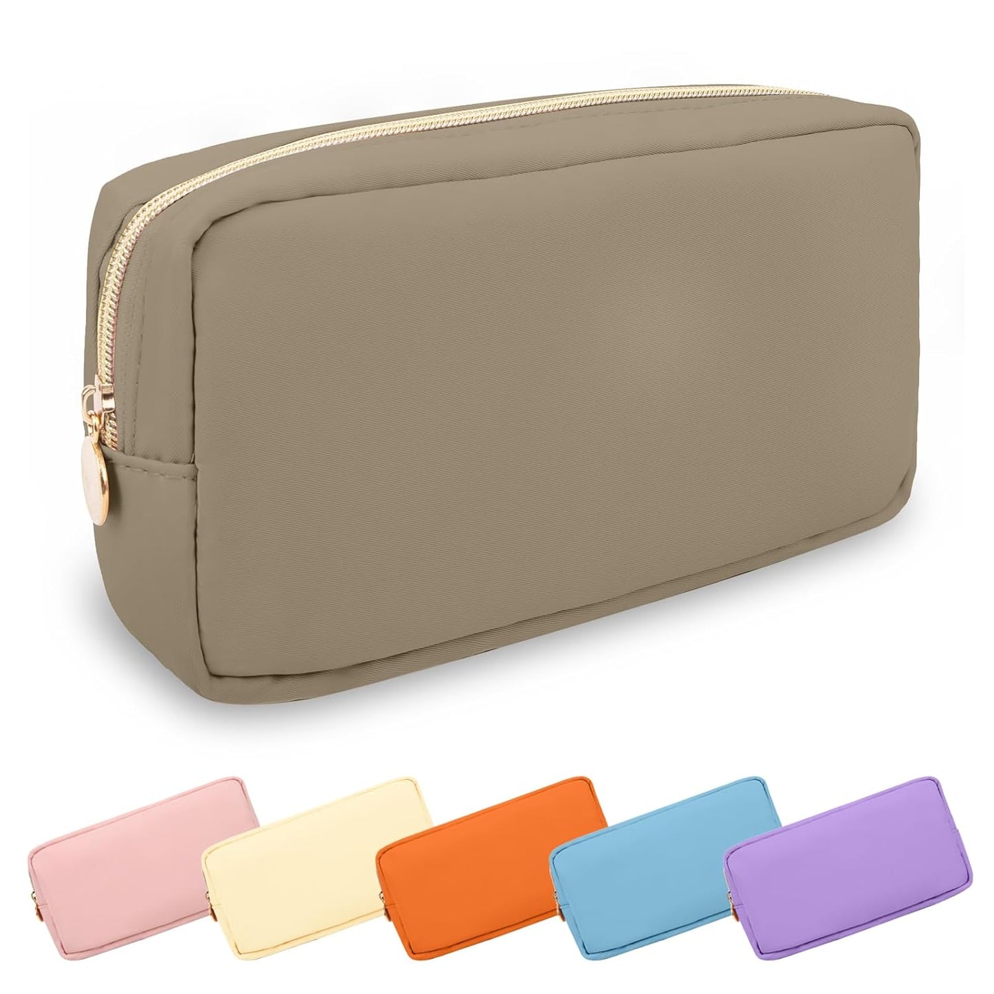 Small Makeup Bag Pouch for Purse, Nylon Travel Toiletry Storage Bag Cute Preppy Cosmetic Bag for Women Girls, Waterproof Makeup Organizer Bag Pouch Skincare Bag Purse with Zipper (Small-Khaki)