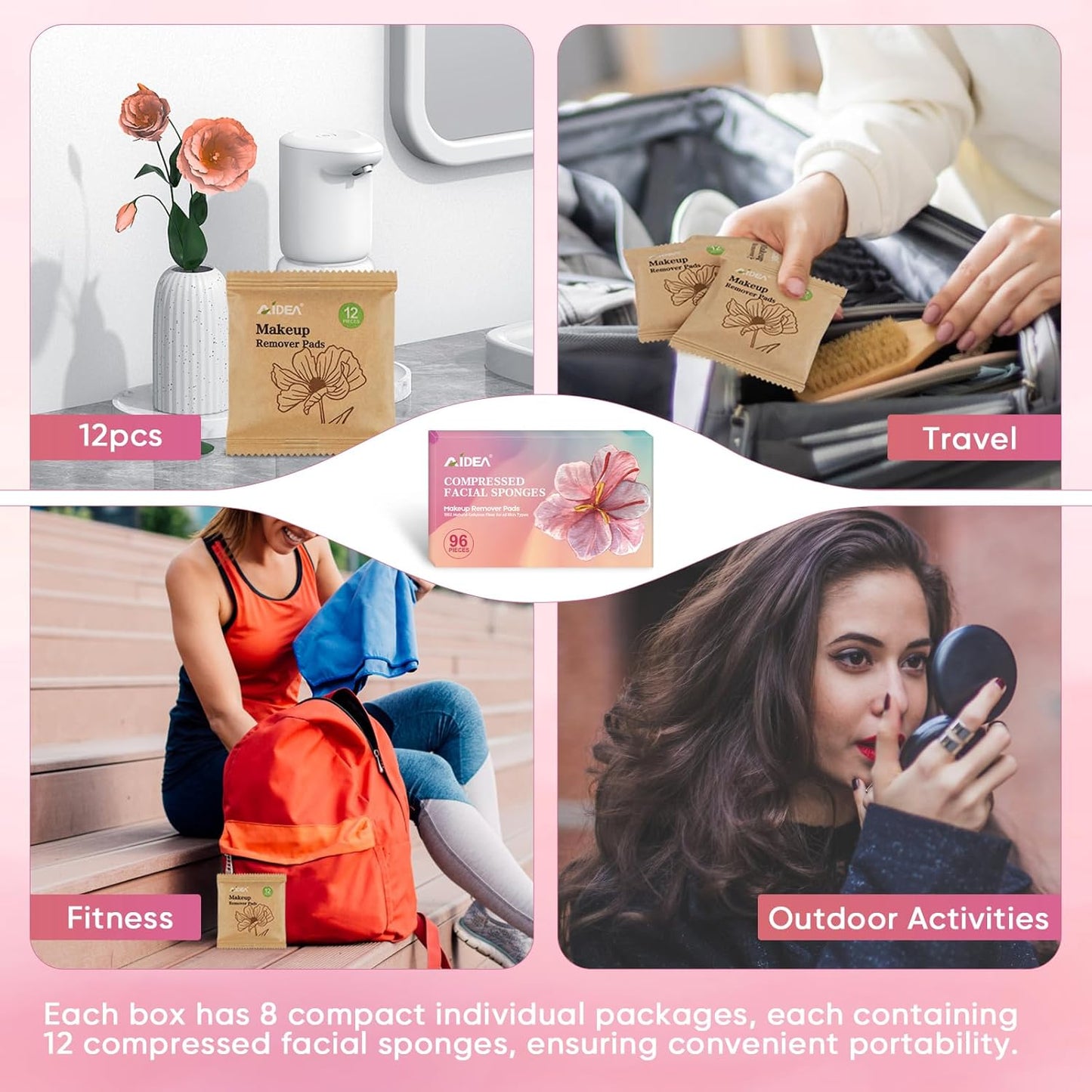 AIDEA 96Count Compressed Facial Sponges Pink, Round Face Sponges for Cleansing, Natural Cellulose Cosmetic Spa Sponges for Washing Face, Exfoliating, Makeup Removal, Travel Essentials for Women