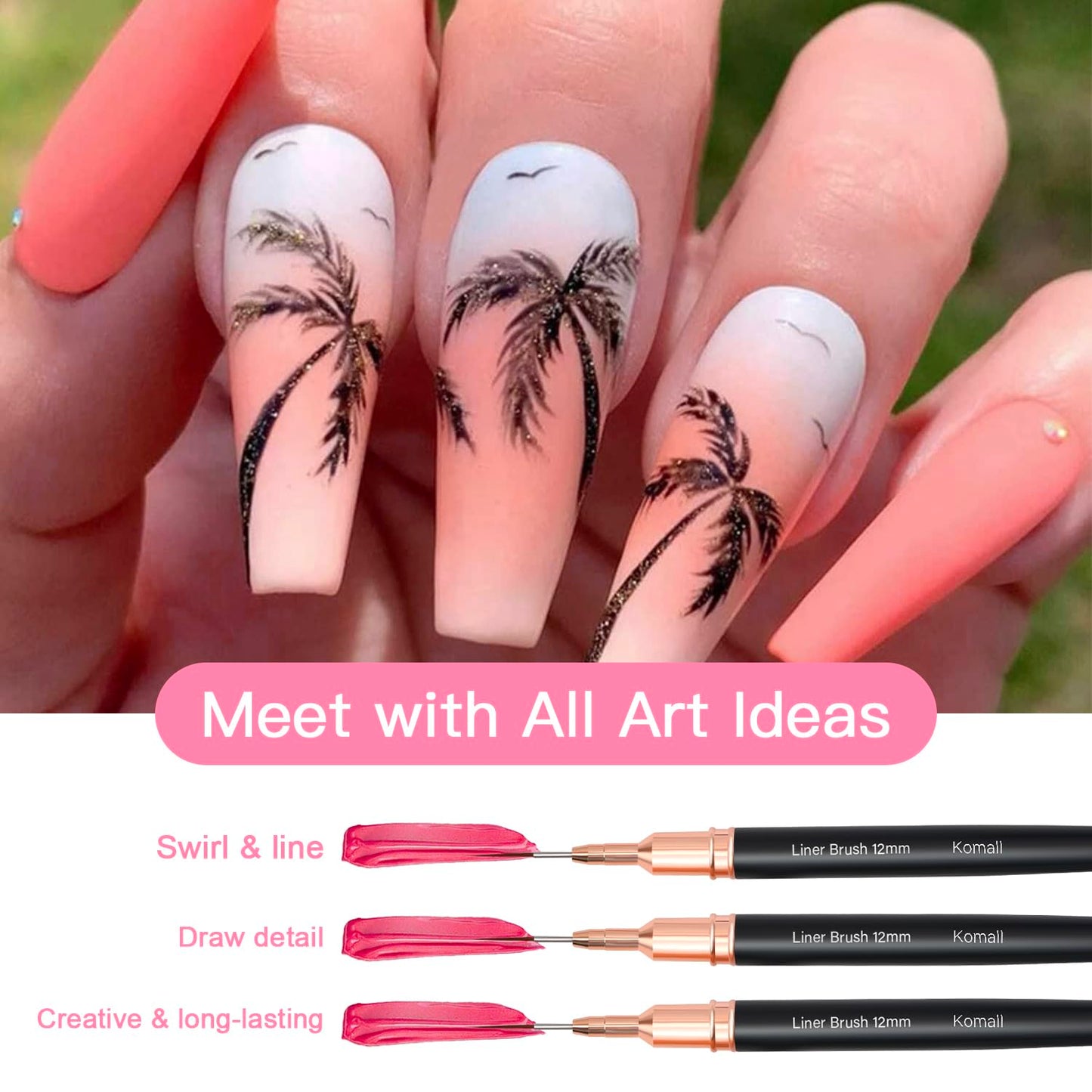 Metallic Nail Art Brushes, 5Pcs Liner Brush Set, UV Gel Polish Painting Art Design Pen for Long Lines, Thin Details, Fine Drawing Sizes 4/8/12/20/25mm(Black)