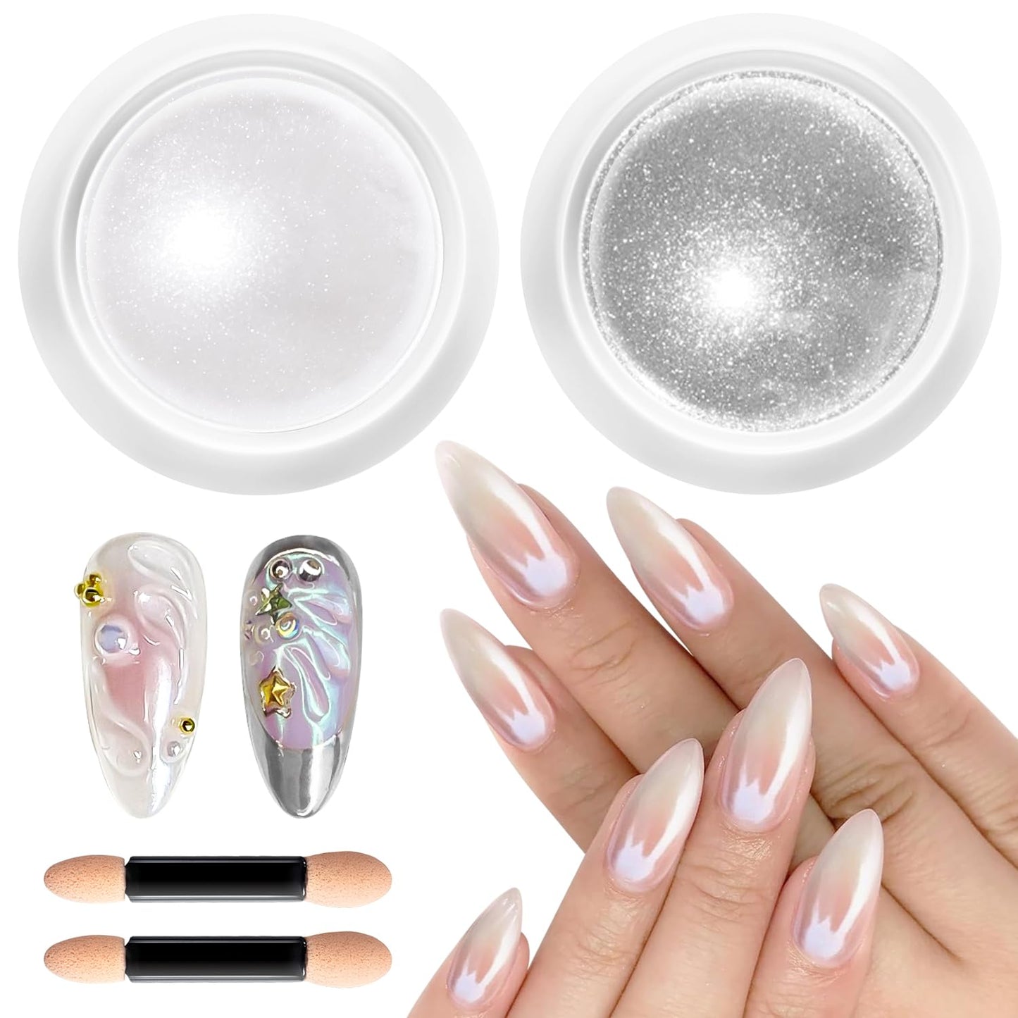 Pearl Chrome Nail Powder BISHENGYF -【Mirror Shinny Effect】 Magic Mirror Silver Chrome Nail Powder Aurora Mermaid Iridescent White Pearl Clear Nail Chrome Powder Pigment Glitter Dust for Manicure DIY