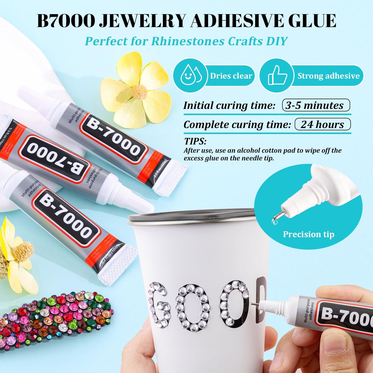 6100Pcs Resin Rhinestones for Crafting with 2Pcs 10ml B7000 Jewelry Glue, 1 Box Flatback Crystals Diamond (Clear) for Bedazzling Crafts DIY Nail Art Non Hotfix Gems for Clothing Shoes Tumblers