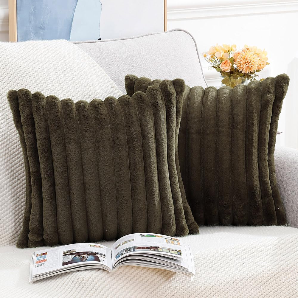 MADIZZ Set of 2 Faux Wool Plush Decorative Throw Pillow Covers 16x16 Inch Drak Brown Fluffy Striped Soft Decorative Cushion Cover for Sofa Bedroom Pillow Shell