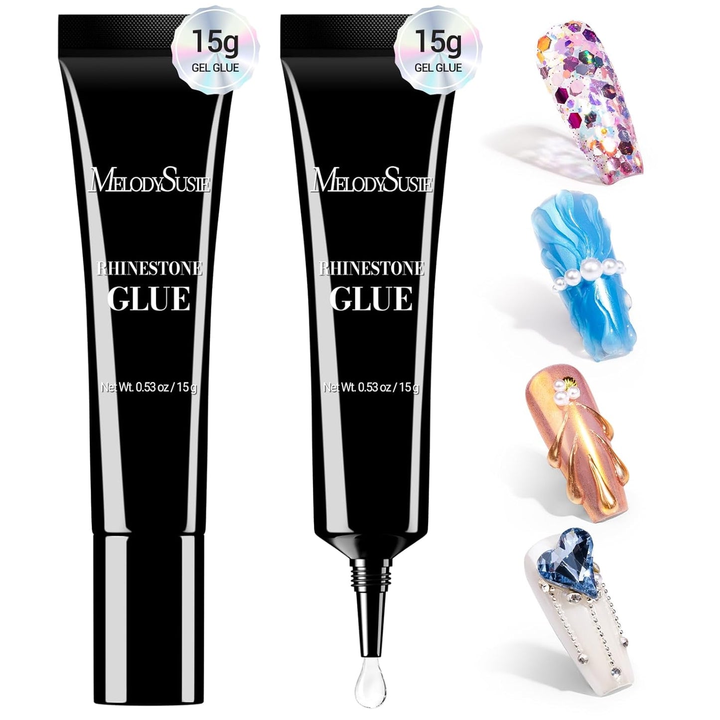 MelodySusie 2Pcs Nail Rhinestone Glue for Nails Super Strong Gel for Nail Charms Gems 3D Nail Gel UV Nail Glue for Nail Art Design Nail Chrome Powder