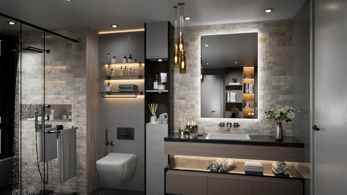 TETOTE 24 x 36 Inch LED Mirror Backlit Bathroom,Anti-Fog Mirror with Light,Dimmable,CRI90+,IP54 Water Proof,Wall Mounted Vanity Lighted,Horizontal/Vertical