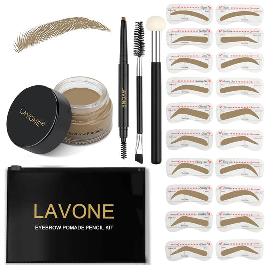 LAVONE Eyebrow Stamp Stencil Kit - Brow Stamp Trio with Waterproof Pencil, Pomade, 20 Stencils, Dual-ended Brush and Sponge Applicator - Dark Blonde
