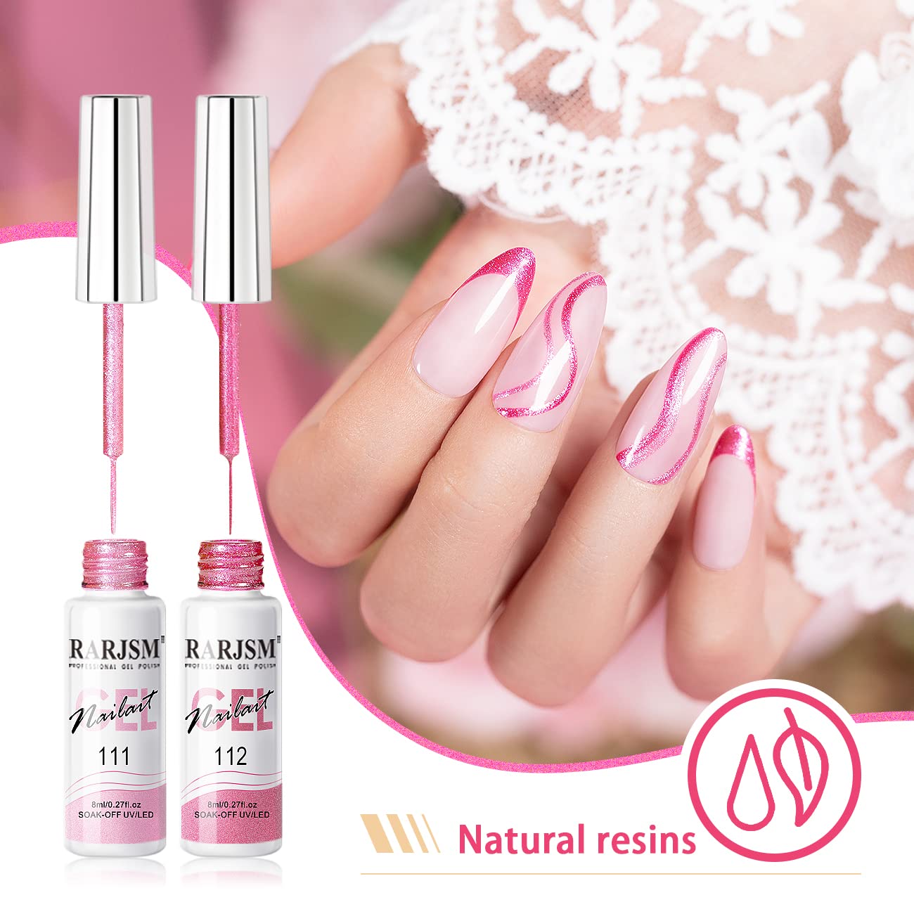 RARJSM Metallic Gel Liner Nail Art Pink,Glitter Painting Gel Nail Polish 2PCS Set,Mirror Chrome Hot Pink Drawing Line Art Gel with Thin Brush Nail Design Line Wire Curing Requires 8ml DIY Manicure