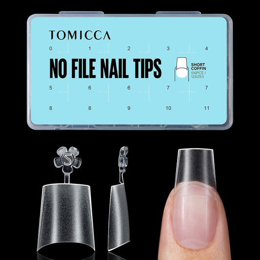 TOMICCA Short Coffin Nail Tips, 510Pcs Acrylic Half Cover Nail Tips, 12 Sizes No C Curve Full Matte Gel Nail Extension Tips for Beginner and Professional