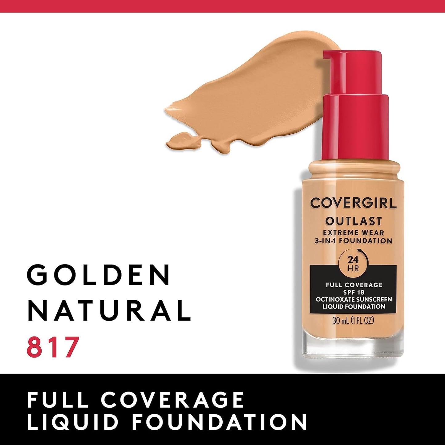 Covergirl Outlast Extreme Wear 3-in-1 Full Coverage Liquid Foundation, SPF 18 Sunscreen, Golden Natural, 1 Fl. Oz.