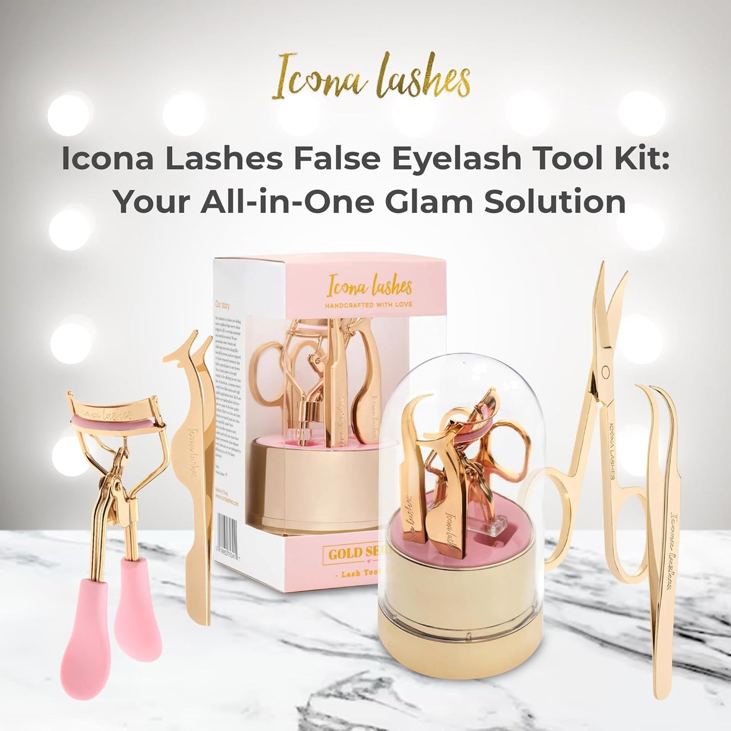 4-in-1 False Eyelash Tool Kit - DIY Lash Extension Kit with Tweezer, Curler, Scissors, Applicator - 24K Gold Plated Stainless Steel Accessories in Clear Dome Organizer, Beautiful Gift Box