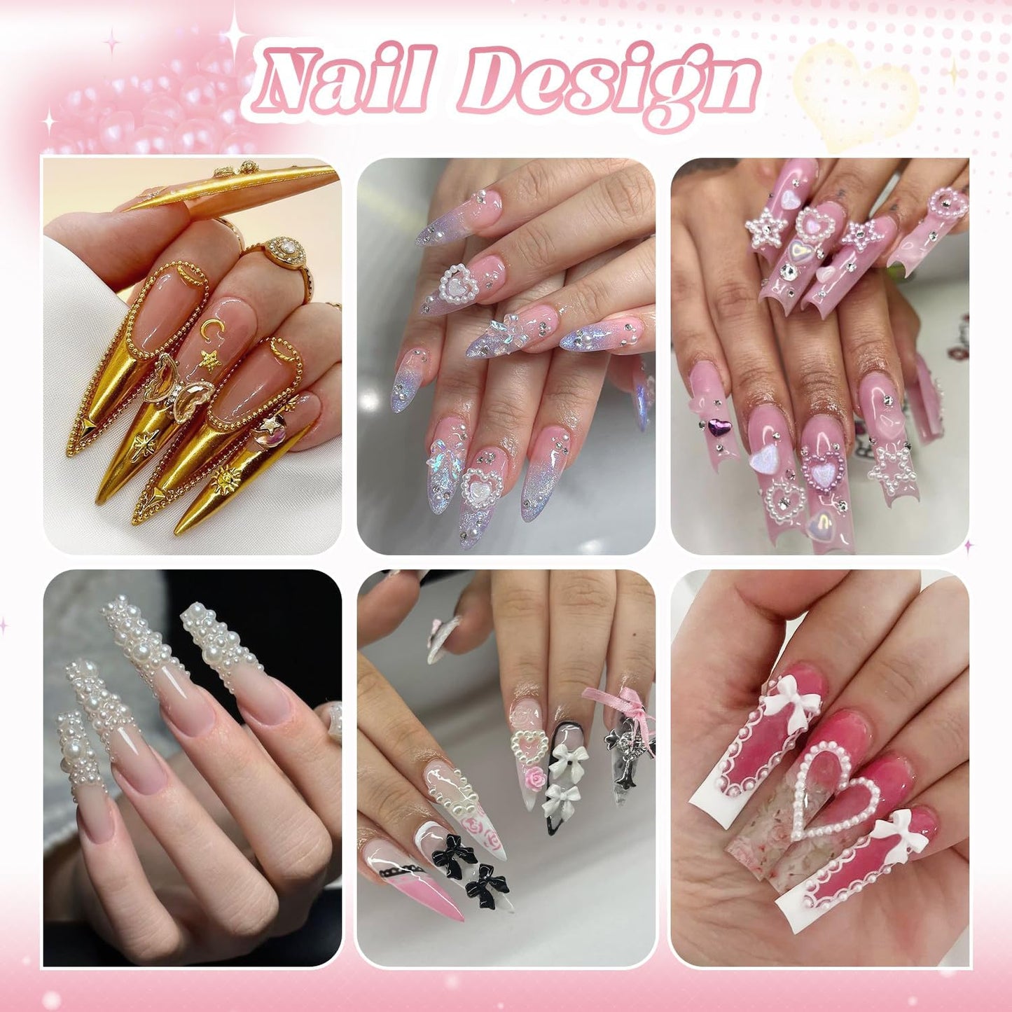 Flatback Pearls (White) and Metal Nail Beads (Silver+Gold) with Rhinestones Glue Gel for Nail Art, Pearl Nail Charms and Round Caviar Beads 3D Flowers Camellia Bows Star Heart for Manicure Decor