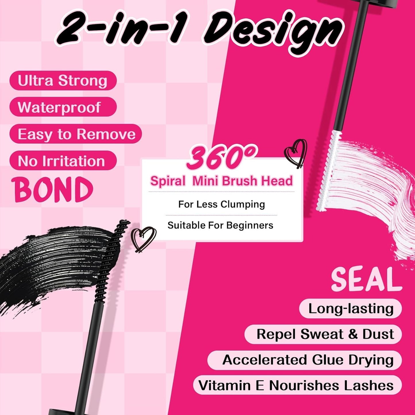 Lash Bond and Seal Cluster Lash Glue & Seal Waterproof Bond and Seal Cluster Lash Glue for DIY Eyelash Extensions Waterproof Strong Hold (5ml+5ml, Black Bond & Clear Seal)