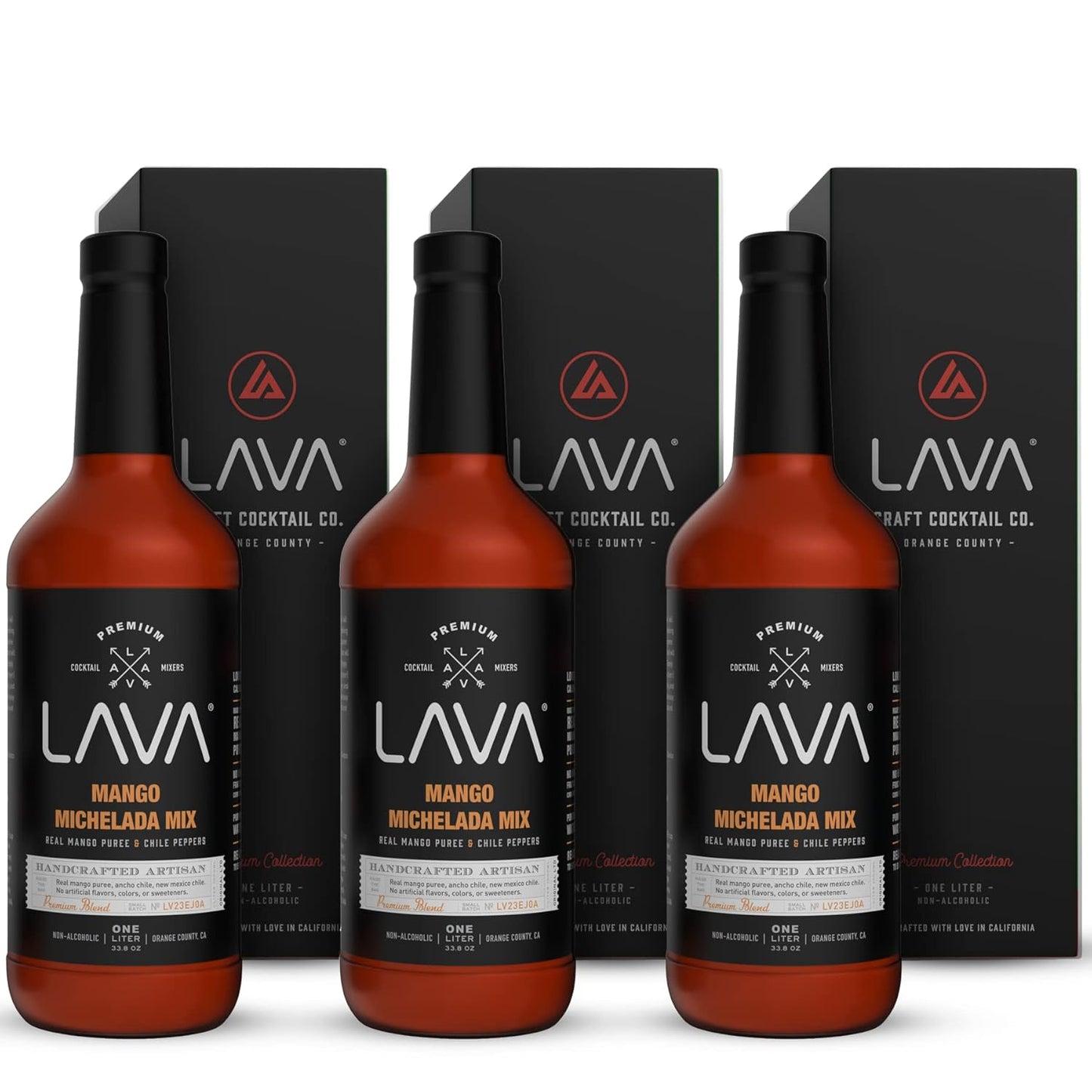 (3-Pack) LAVA Premium Mango Michelada Mix Made With Real Mango Puree, Ancho Chile Peppers, New Mexico Chile, Tamarind, Vegan, 1-Liter (33.8oz) Glass Bottle, Ready to Use