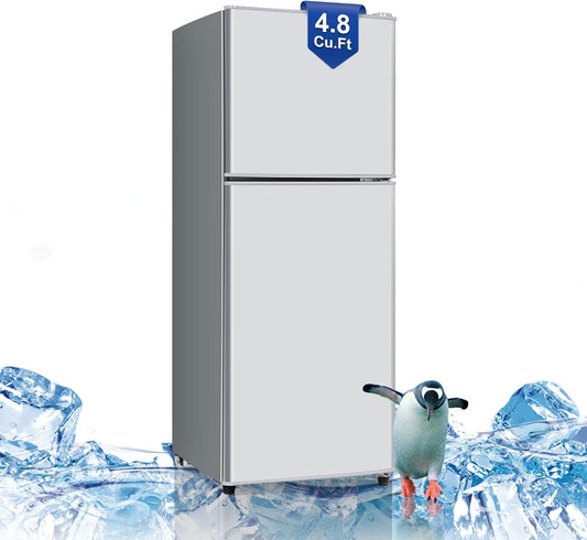 4.8 Cu. Ft. Fridge with Freezer, 2-Door Mini Fridge with Freezer, Adjustable Thermostat Small Refrigerator, Dorm Refrigerator for Apartment, Office, Kitchen, Silver