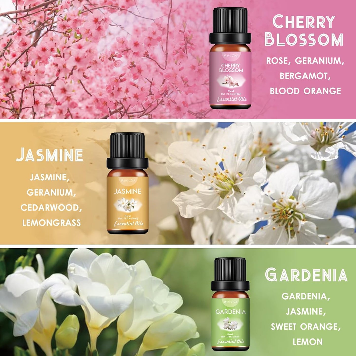 Floral Essential Oils Set for Diffusers & Candle Making - 6x10ml Natural Botanical Blends with Rose, Lavender, Lilac, Jasmine, Gardenia, Cherry Blossom Scents