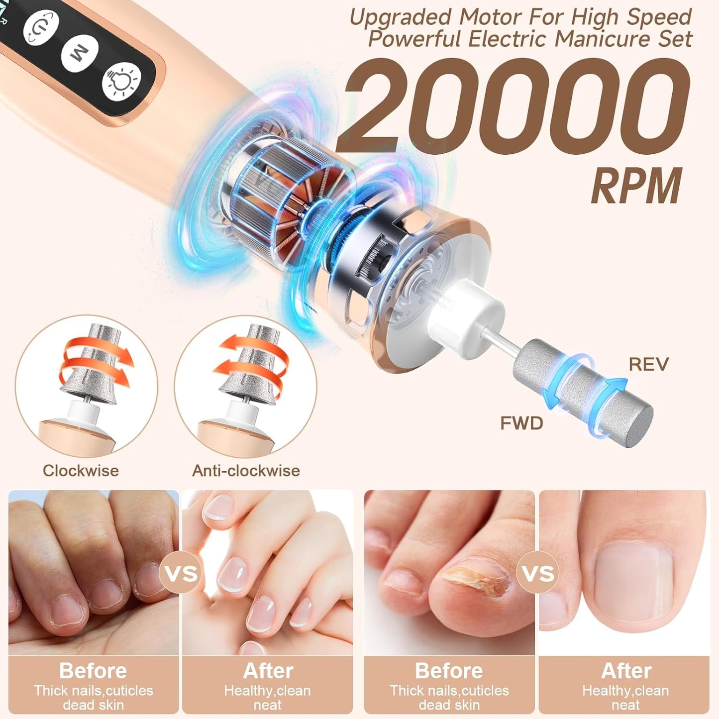 Professional Manicure Pedicure Kit with 360° LED Light&10 Speeds&Memory Mode with Case, Cordless Electric Nail Drill, Pedicure Tools for feet,Hand Foot Care Nail File for Thick Nail Toenail Cuticle