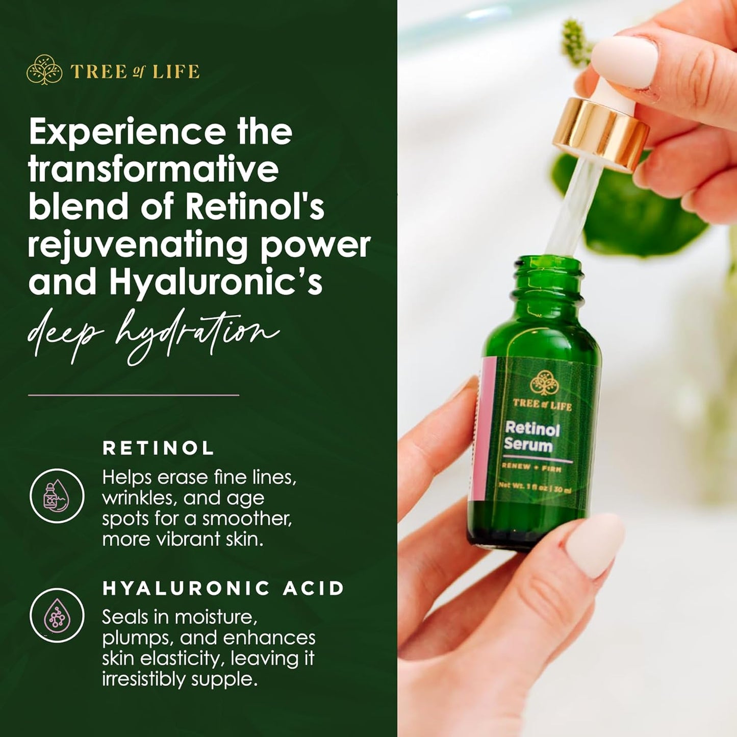 Tree of Life Beauty Retinol Serum, Skin Smoothing Face Oil for Dark and Age Spots and Fine Lines, Facial Serums for Dry and Sensitive Skin Care with Hyaluronic Acid for Soft Smooth Skin, 2 Fl Oz