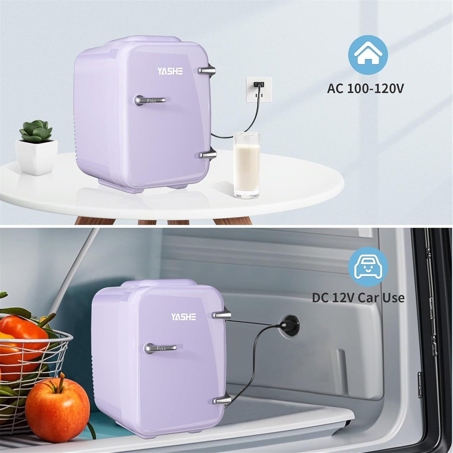YASHE Mini Fridge, 4 Liter Makeup Fridge, 110V AC/ 12V DC Thermoelectric Cooler and Warmer Small Fridge for Bedroom, Drink, Dorm, Car, Purple