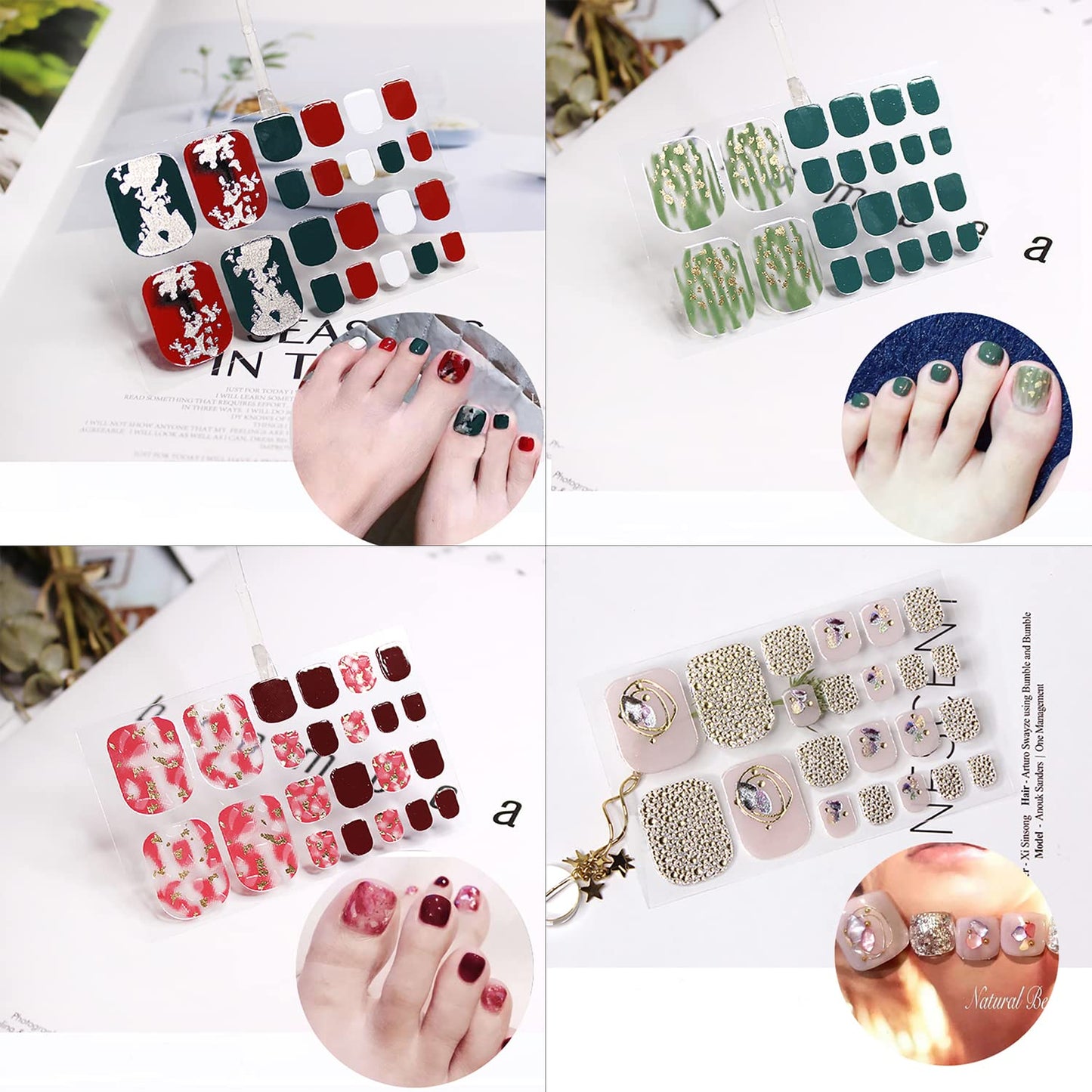 WOKOTO 20 Sheets 440 Pieces Toe Nail Polish Strips for Toes Women Nail Art Wraps Mermaid Gel Nail Strips for Toe Nails Iridescent Shell Flake Design Nail Polish Stickers Stick On Nails for Women