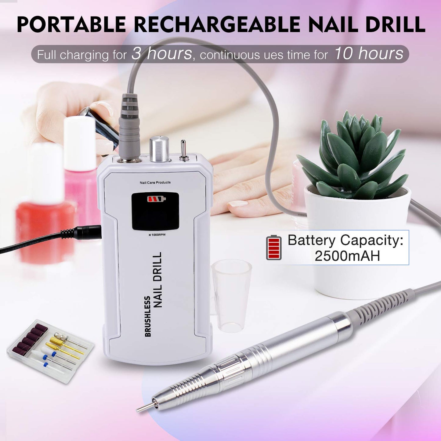 Professional Nail Drill Machine, IMENE 35,000RPM Portable Brushless Nail Drill Rechargeable E-File Nail Drill Perfect for Acrylic, Gel, Natural Nails（White）