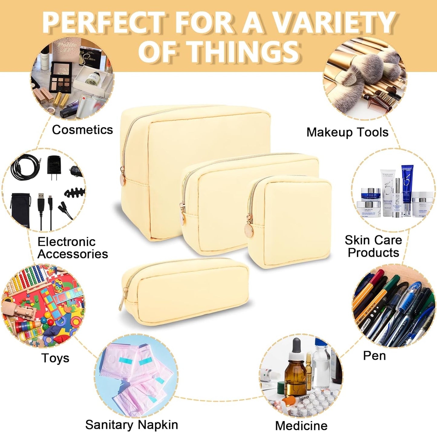 Small Pencil Case Makeup Bag for Purse, Cute Preppy Nylon Makeup Brush Bag with Zipper, Girls Portable Stationery Storage Case for Office School College (Slim-Sand)