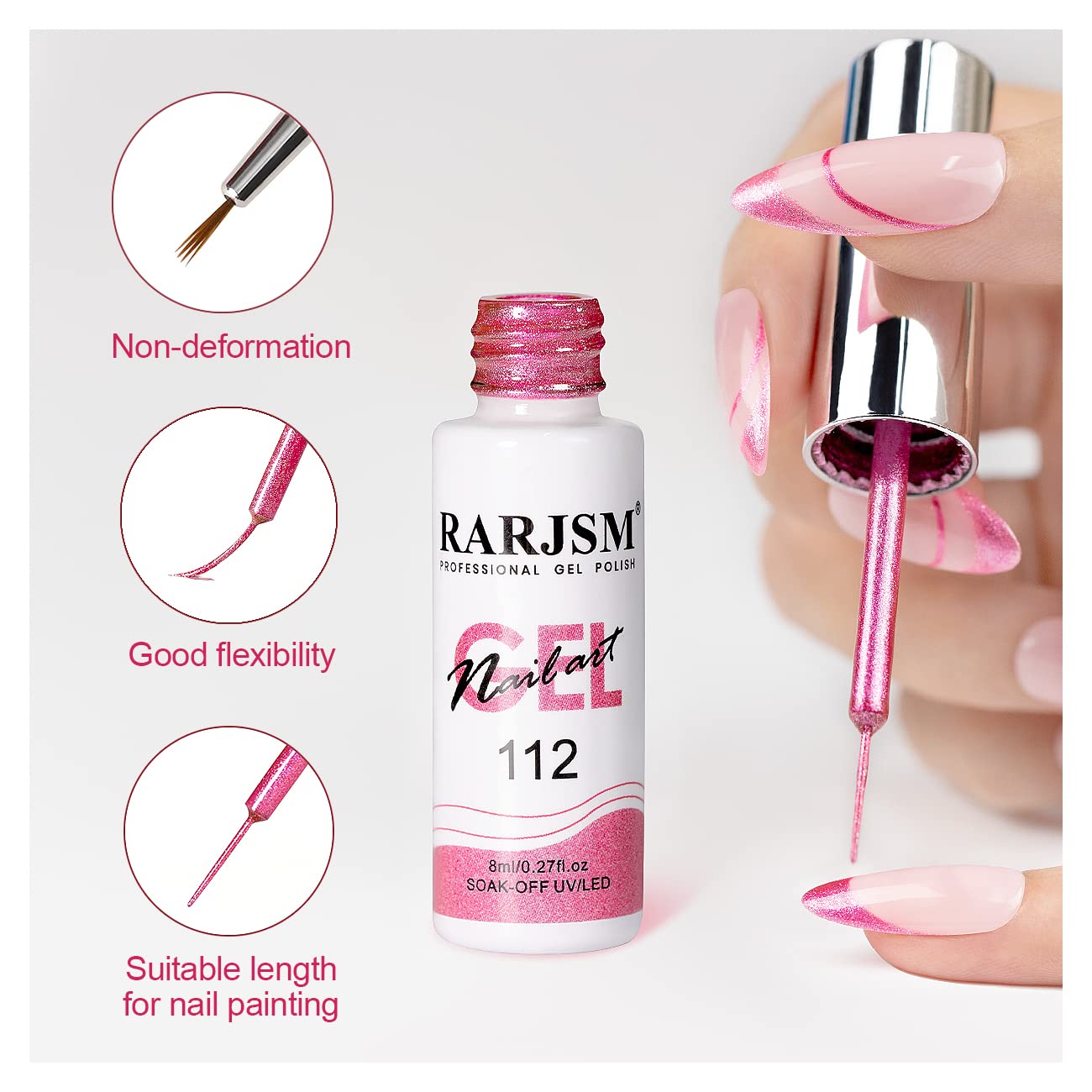 RARJSM Metallic Gel Liner Nail Art Pink,Glitter Painting Gel Nail Polish 2PCS Set,Mirror Chrome Hot Pink Drawing Line Art Gel with Thin Brush Nail Design Line Wire Curing Requires 8ml DIY Manicure