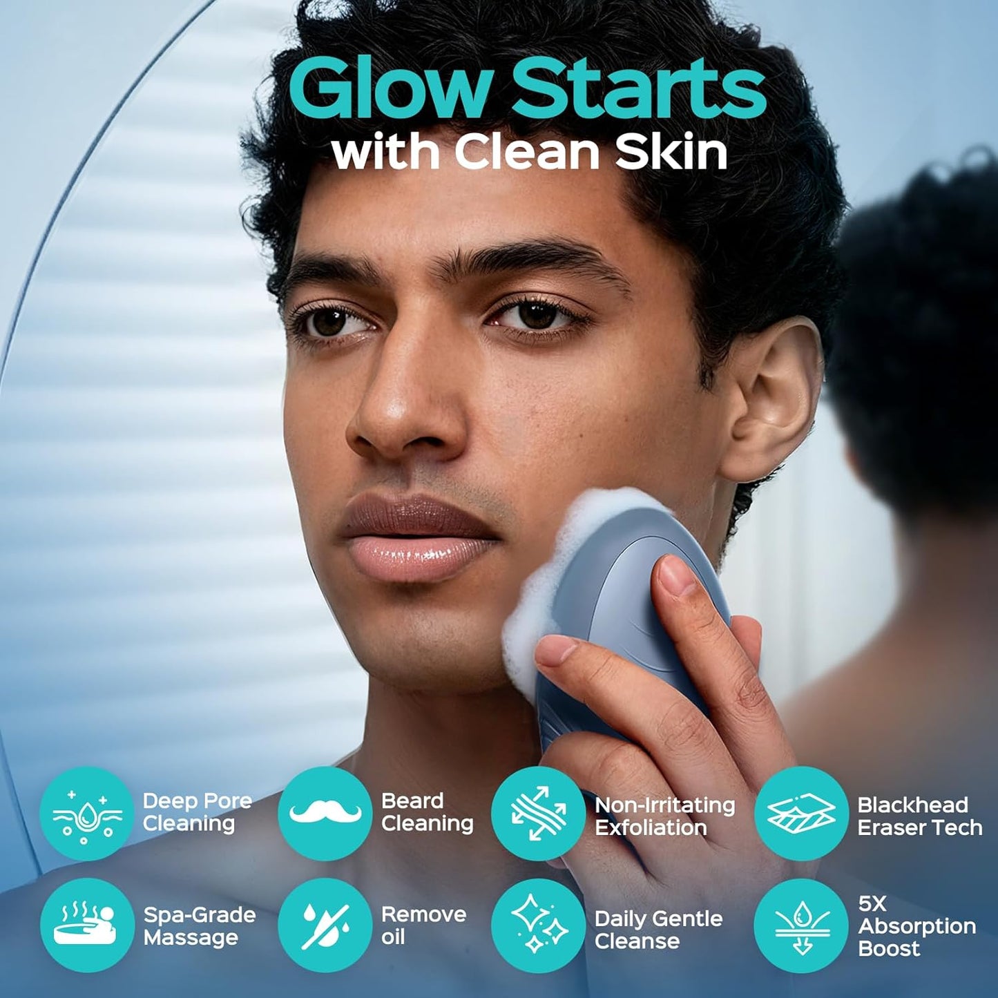 COSLUS Silicone Face Scrubber for Men: 5 Cleansing Modes Facial Cleansing Brush for Beard Care, Sensitive Skin - Deep Cleansing & Gentle Exfoliating, Waterproof Portable for Shower & Travel, Navyblue