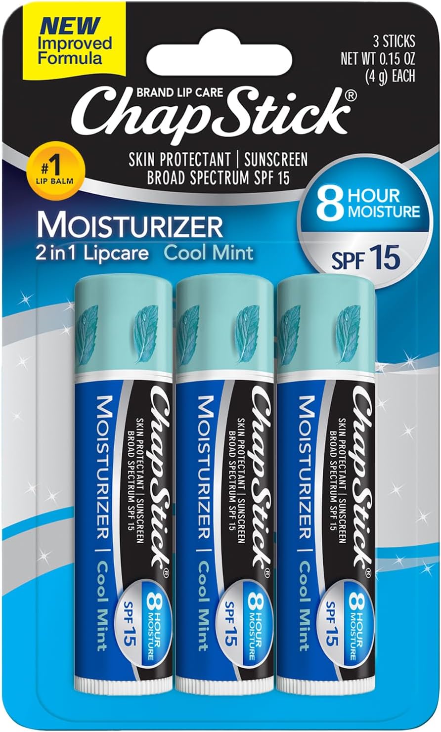 ChapStick Moisturizer 2-in-1 Lipcare SPF 15, Cool Mint, 3-Pack – Sunscreen Lip Balm with Aloe Vera and Vitamin E, 0.15 Ea