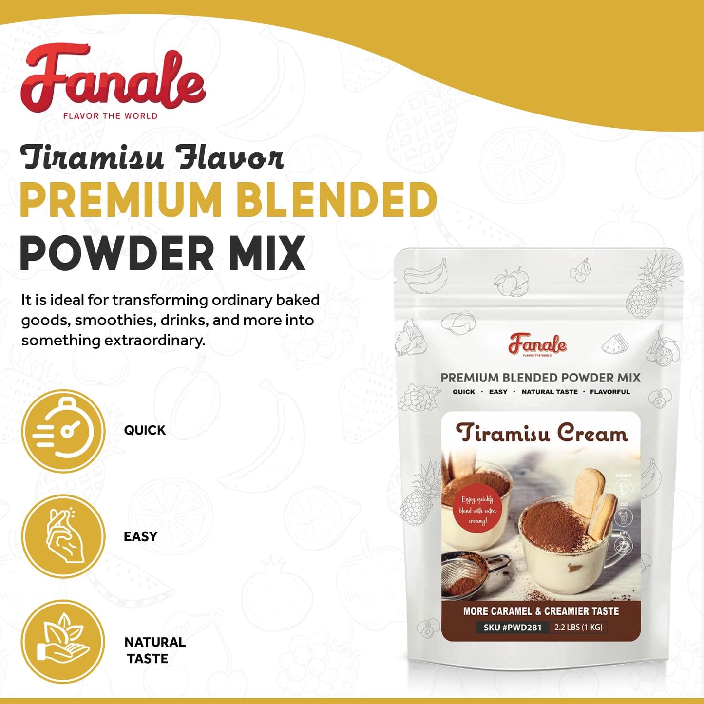 Fanale Premium Tiramisu Flavor Powder | Bubble Tea Flavoring Powder | Perfect for Baking, Smoothies, and Drinks - 2.2 lb 1kg | PWD281