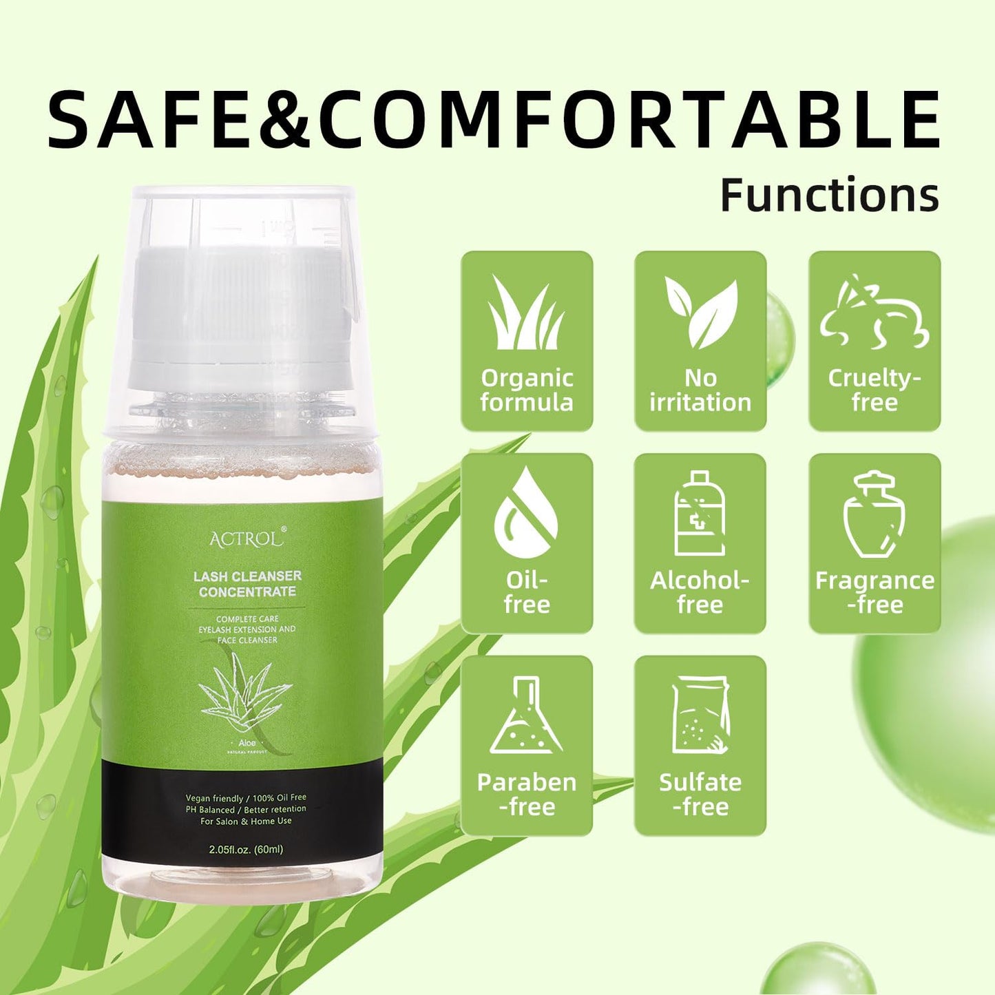 Eyelash Cleanser Concentrate 60ml Aloe Professional Lash Shampoo Foaming Cleanser DIY Wash for Extensions Lashes with Salon Home Care-Makes 6 Bottles