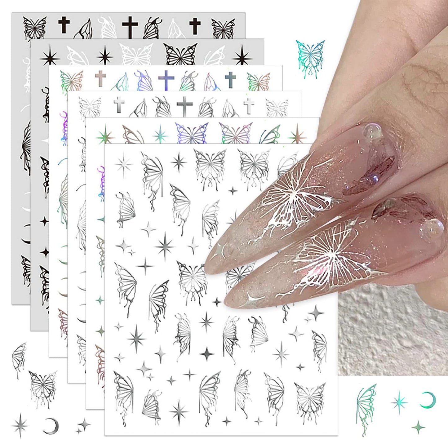 SILPECWEE 6 Sheets Butterfly Nail Stickers - 3D Nail Art Decals, Metallic Silver Aurora Retro Designs, Self-Adhesive Manicure Stickers